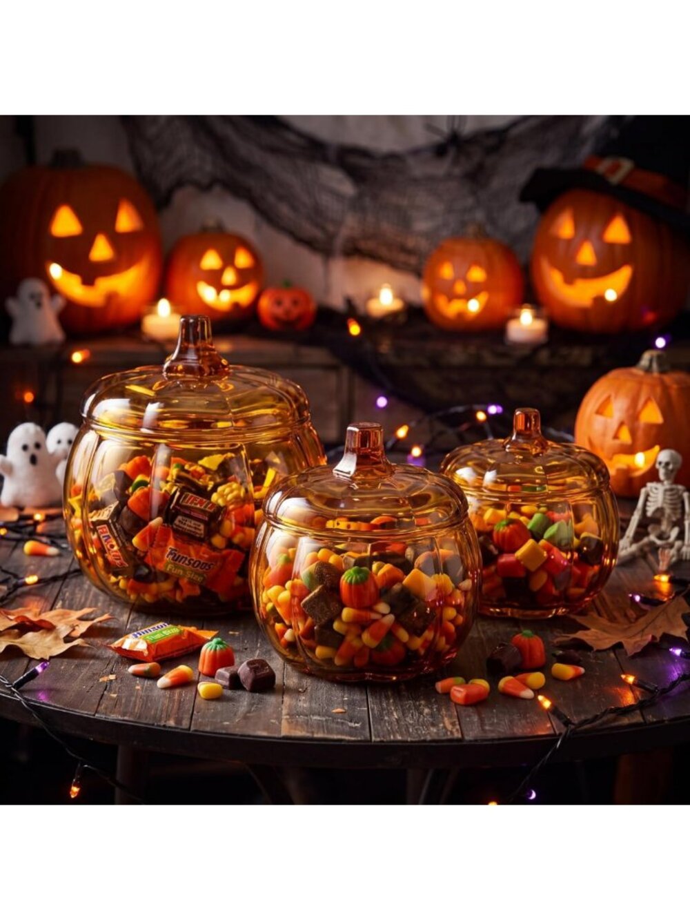 Set of 3 Amber Glass Pumpkin Jars with Lids for Halloween & Fall Decor